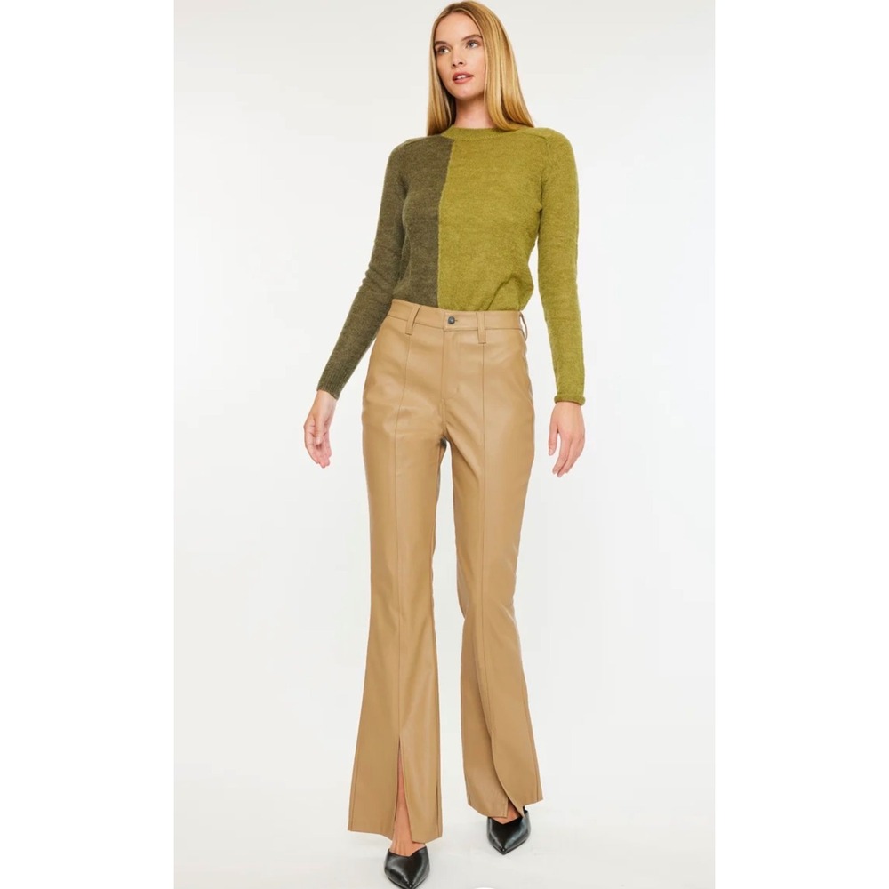 KanCan Mars High Rise Faux Leather Bootcut Pants Camel Women 7/27 Flare Slit Hem